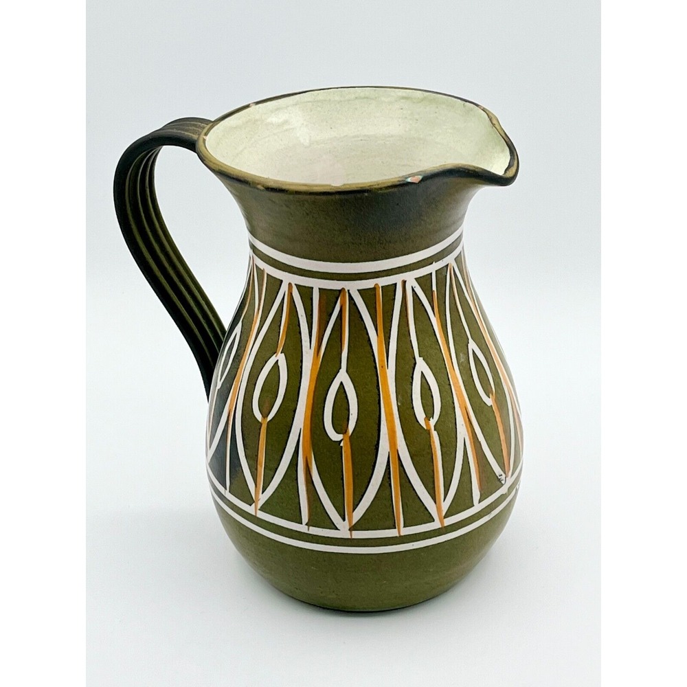 Holt Howard Italian Pottery Pitcher Avocado Green Hand Painted‎ RARE Vintage